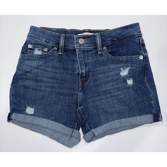 Levi’s Mid Length Denim Shorts Blue Distressed Cuffed Jean Shorts Size 26 - Picture 1 of 7